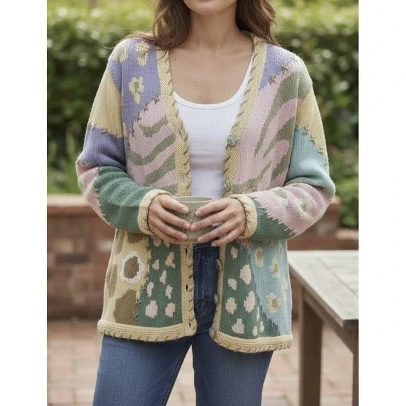 Storybook Knits Patchwork Spring Themed Cardigan Sweater Ramie Cotton Size Large - Picture 15 of 16